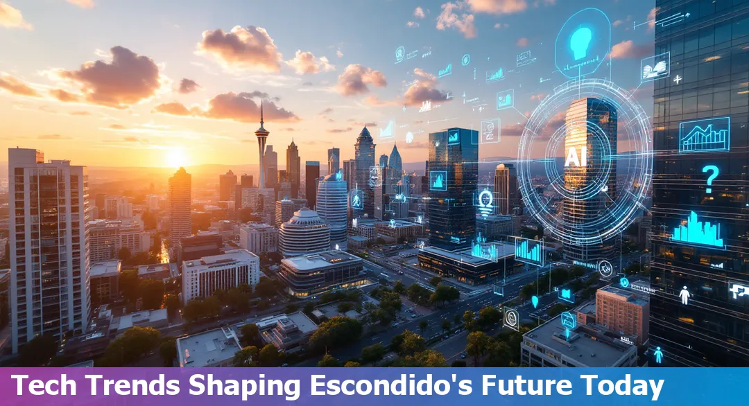 Escondido cityscape with modern homes, retail storefronts, roundabout, and digital tech icons representing the city’s April 2025 tech news highlights.