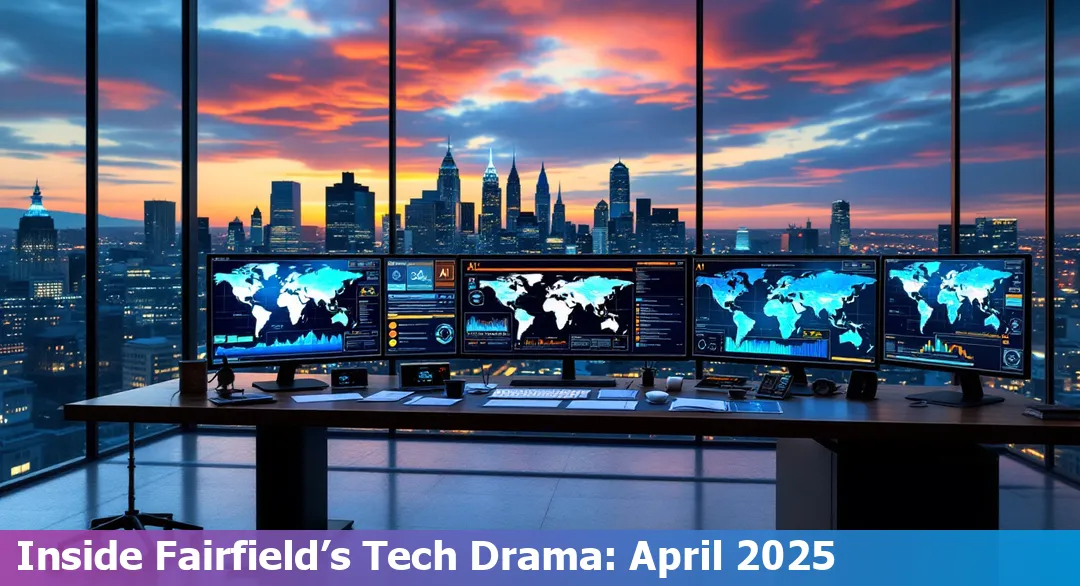 Downtown Fairfield, CA skyline with tech icons overlay, representing innovation and local technology growth in 2025.