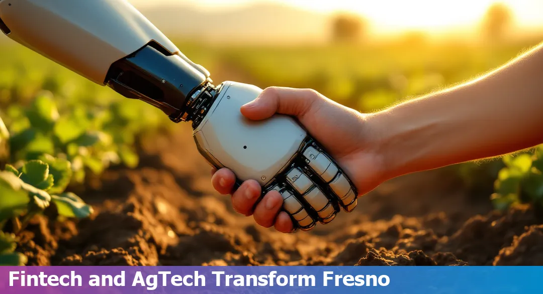 Fresno cityscape with solar panels, diverse tech professionals, and skyline representing innovation in 2025.