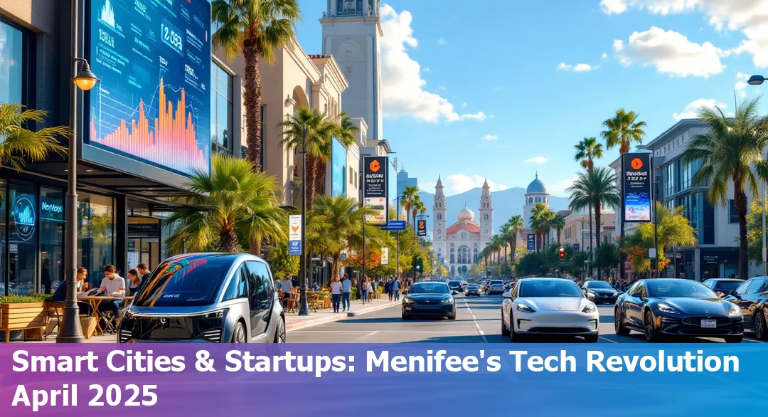Menifee, CA skyline with smart homes, fiber internet cables, and seismic sensors symbolizing tech growth and resilience in the community.