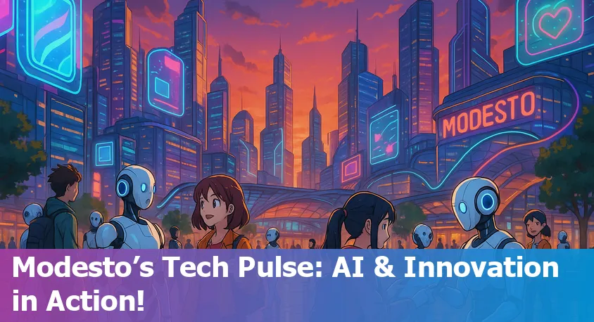Aerial view of Modesto, CA with digital AI and technology icons overlayed, symbolizing local tech innovation and advancements.