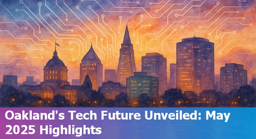 Skyline of Oakland, CA with digital elements symbolizing AI and technology advancements