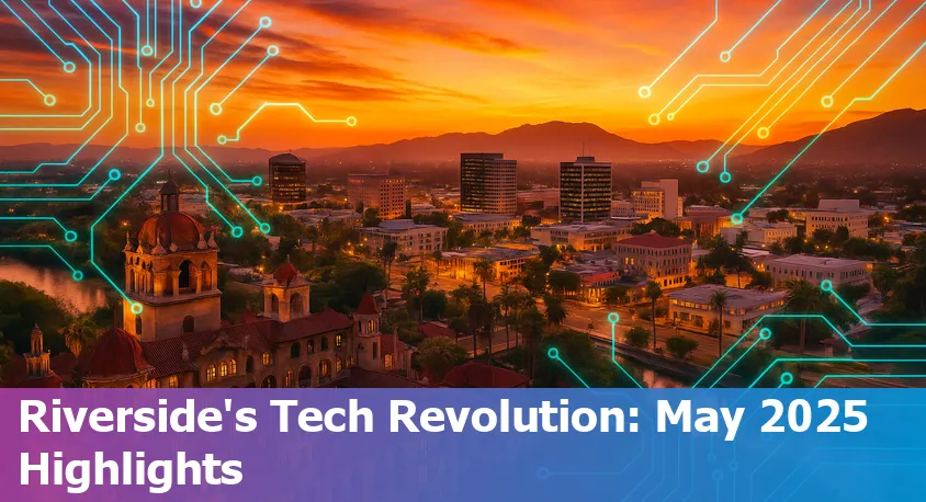 View of Riverside, California skyline with digital and AI technology graphics overlay.