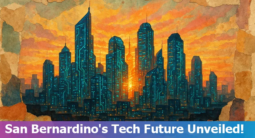 Downtown San Bernardino with digital tech and AI icons overlay, representing innovation and local community.