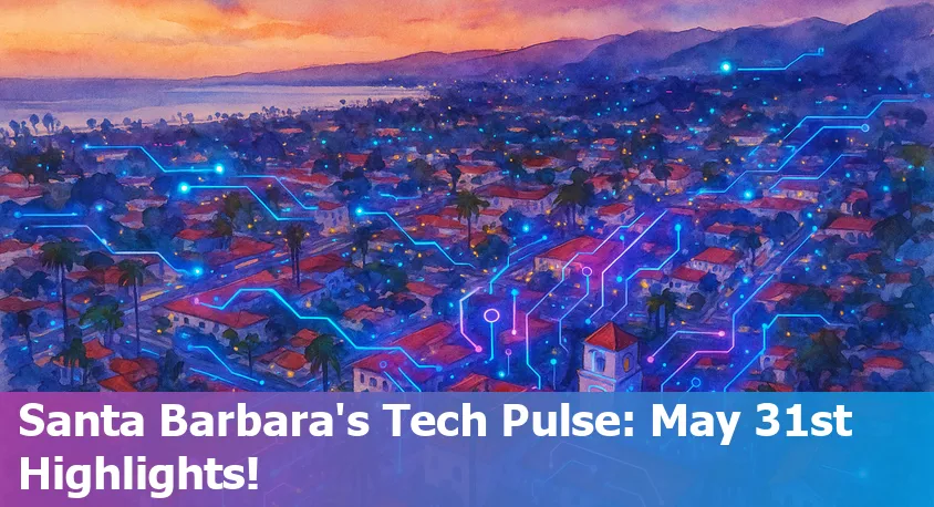 Downtown Santa Barbara with technology and AI themes, UCSB campus, and local landmarks reflecting innovation.