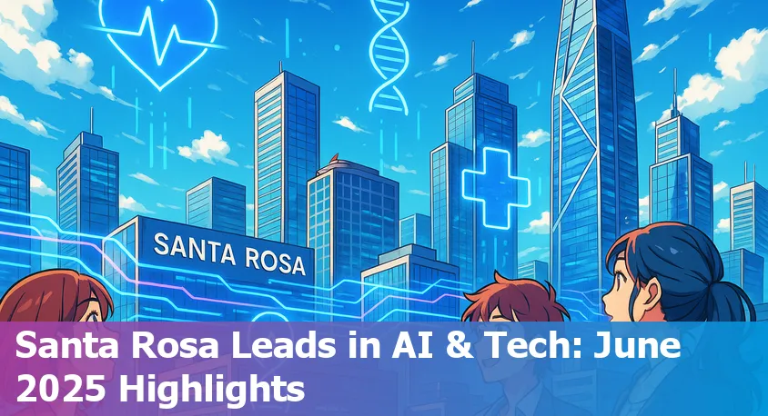 Downtown Santa Rosa skyline with tech-inspired digital overlay representing innovation and AI.