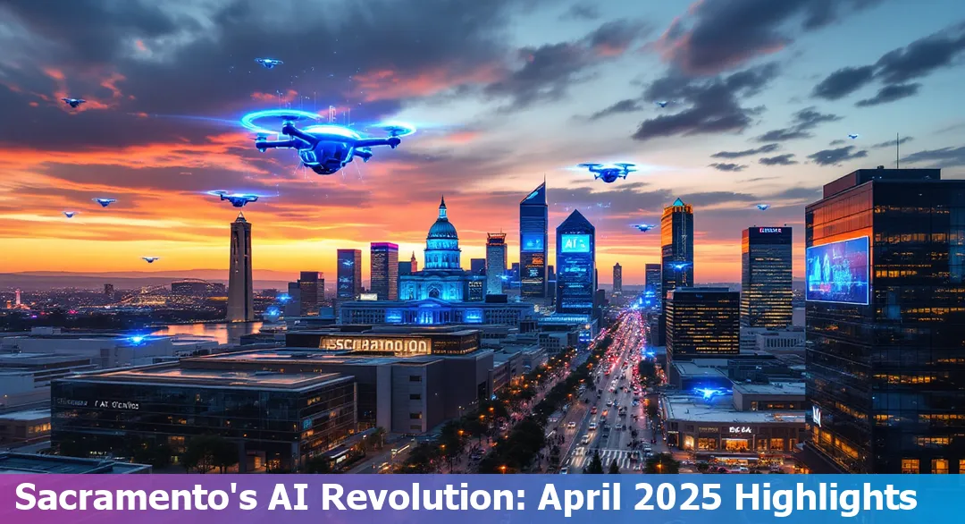 Sacramento skyline with digital technology icons, representing AI innovation and government buildings