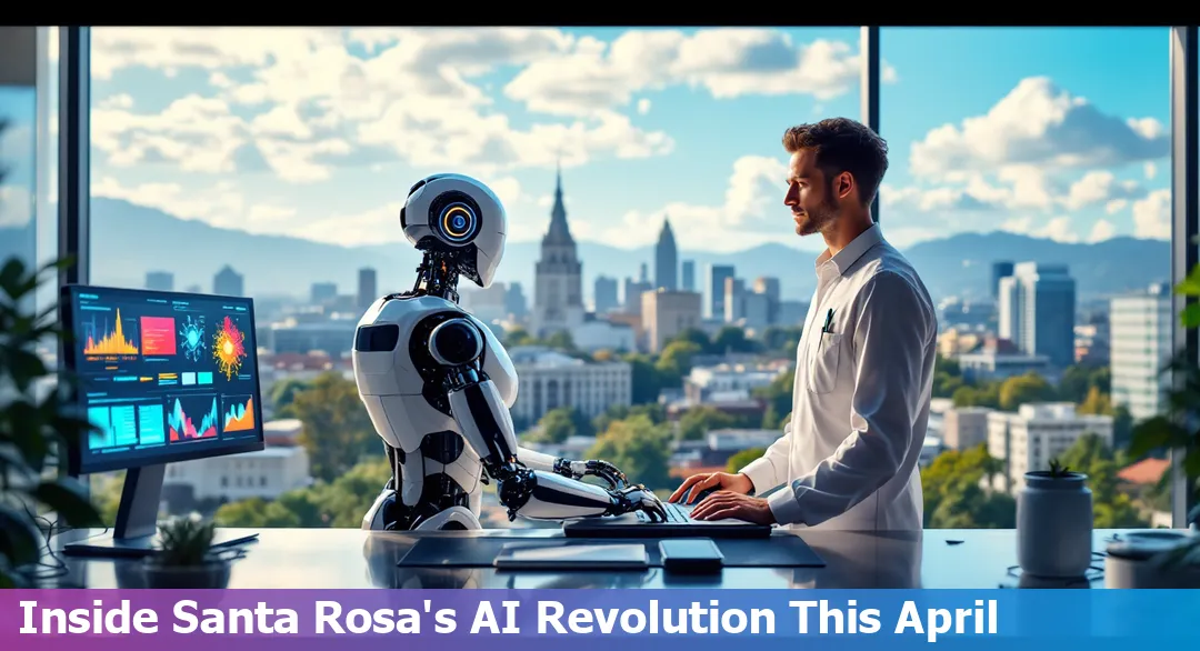 Santa Rosa, CA skyline blending with high-tech data centers and AI robotics imagery