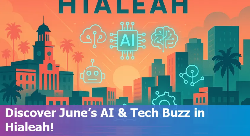A panoramic view of Miami and Hialeah’s skyline with futuristic digital overlays symbolizing AI and tech innovation.
