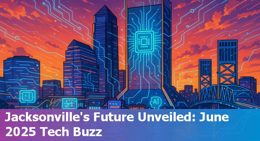 Aerial view of Jacksonville, FL skyline with digital icons representing AI and technology innovations overlayed.