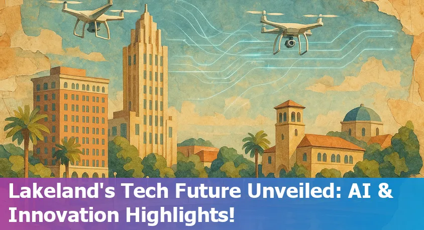 Lakeland, FL downtown skyline with digital and AI icons overlay, symbolizing technological innovation in the city.