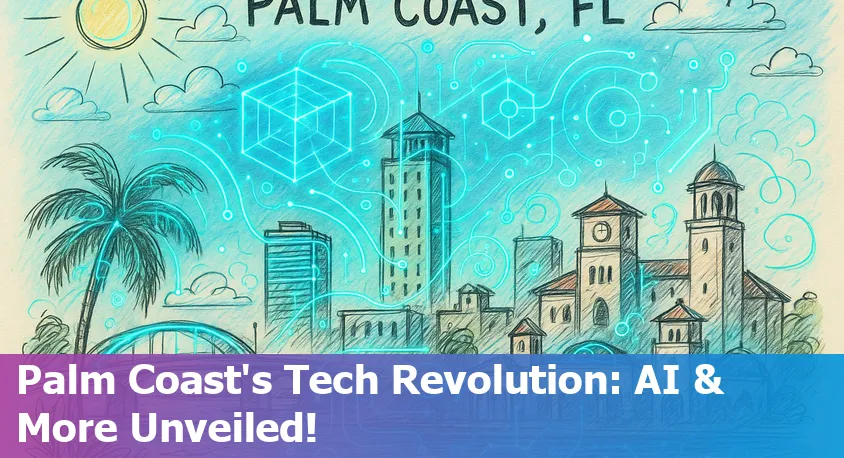 Aerial view of Palm Coast, FL skyline with digital network and AI icons overlay, symbolizing technology, innovation, and community progress.