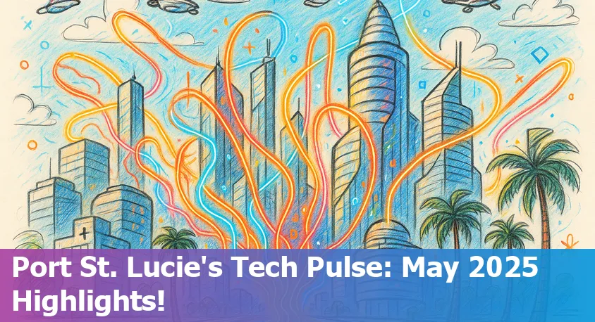 Downtown Port Saint Lucie, Florida with technology icons overlay, highlighting local tech scene and opportunities.