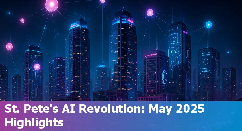 A modern St. Petersburg skyline with digital overlays representing AI, robotics, and technology advancements in the city.