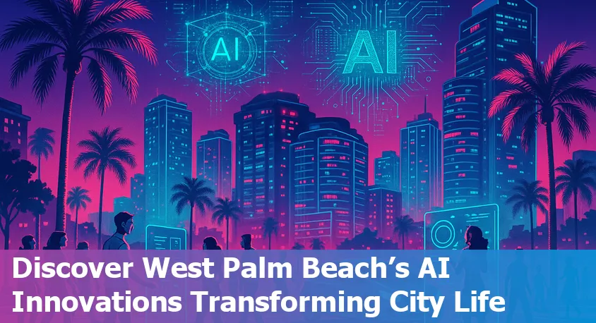 Downtown West Palm Beach, Florida skyline with tech motifs and icons representing artificial intelligence and innovation.