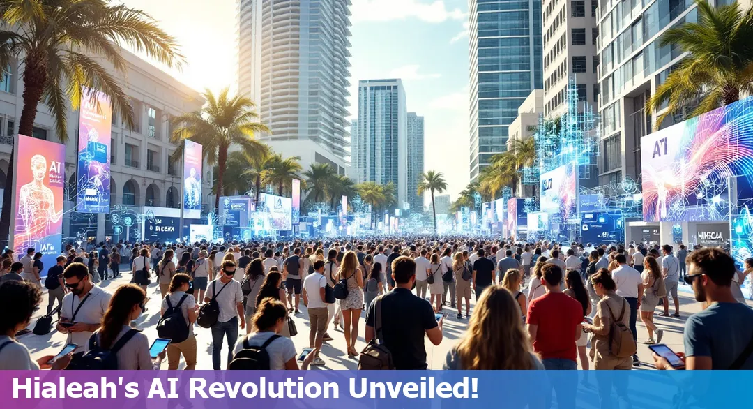 Miami skyline with digital tech icons representing AI and innovation, highlighting Hialeah's role in South Florida's technology scene.