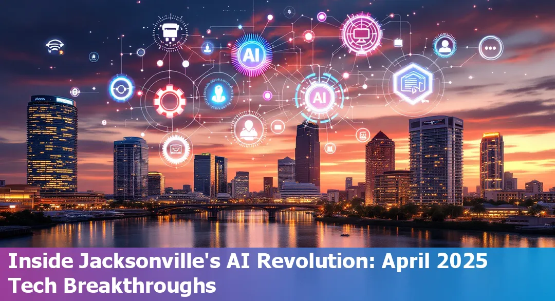 Jacksonville city skyline with digital tech and AI icons overlay, symbolizing innovation and growth in technology.