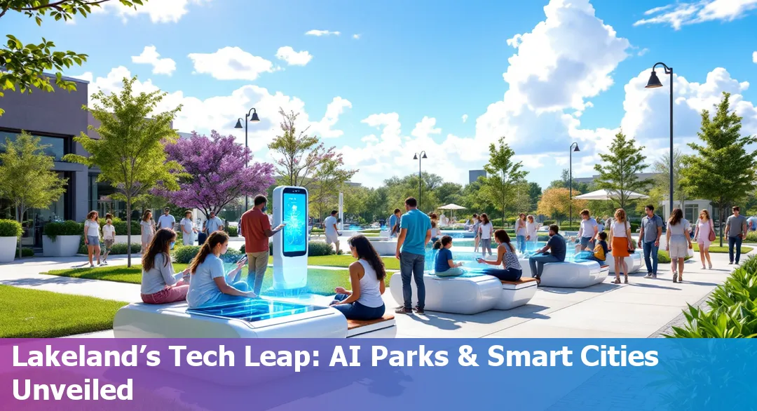 Lakeland, FL skyline with digital technology overlay, representing AI and tech advancements in the city.