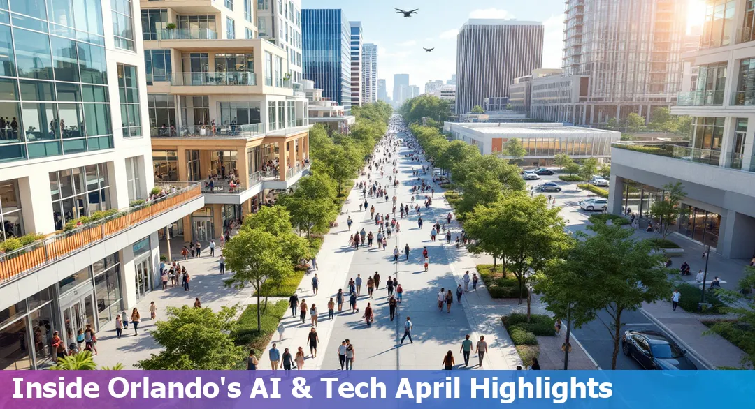 Downtown Orlando skyline with digital AI icons overlay, representing innovation and technology.