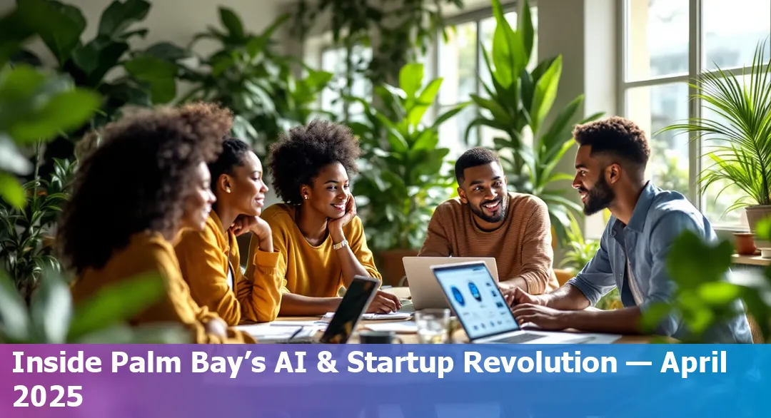 Downtown Palm Bay, FL skyline with tech and AI imagery overlay, symbolizing innovation and local technology growth.