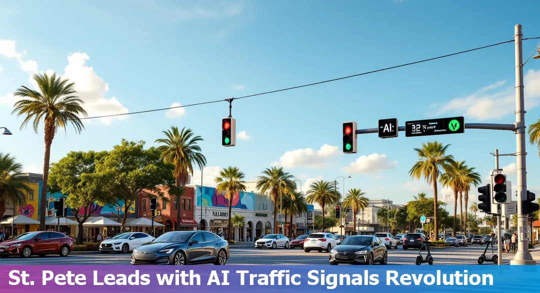 A futuristic aerial view of downtown St. Petersburg, FL, with highlighted smart traffic signals and a high-tech 3D printing facility.