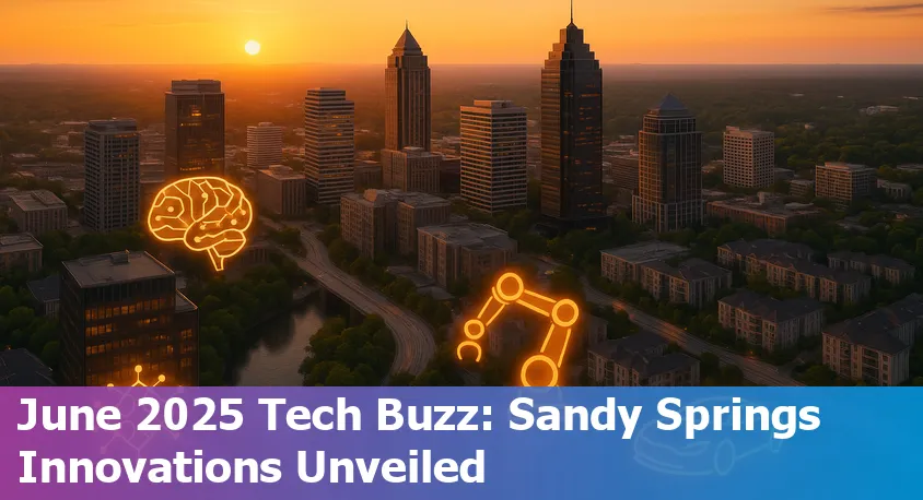 Sandy Springs, Georgia skyline with technology hubs, robotics, and automotive innovation icons in the foreground.