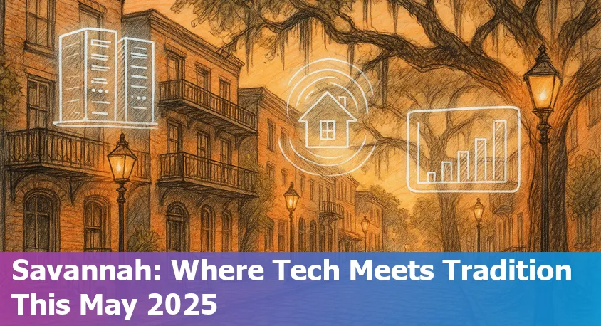 Downtown Savannah skyline with modern tech and AI motifs, digital overlays, and data center elements.