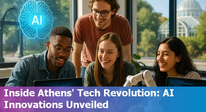 Athens, GA skyline at sunset with digital overlays symbolizing AI and technology innovation
