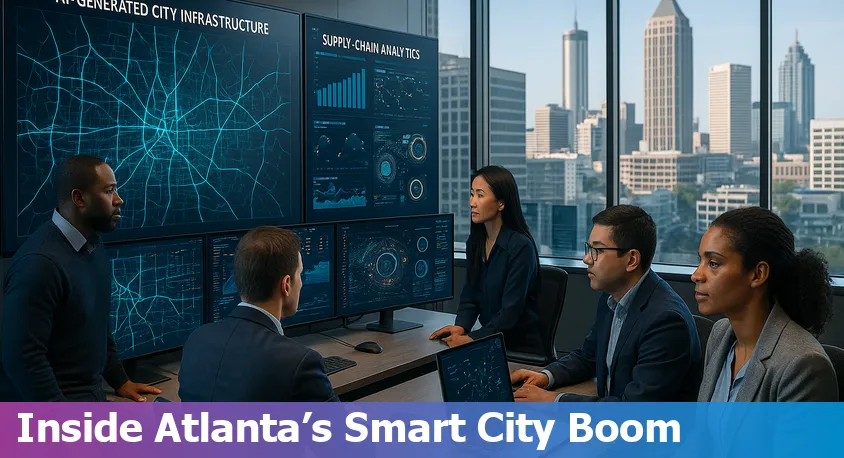 Atlanta skyline with digital network overlay representing AI and technology advancements in 2025.