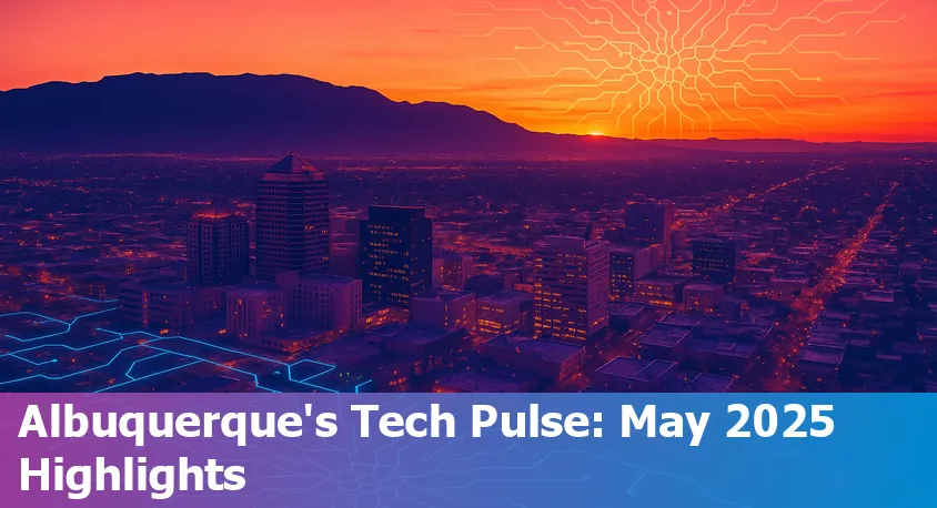 A modern data center set against Albuquerque's skyline, representing the city's AI and tech growth in 2025.