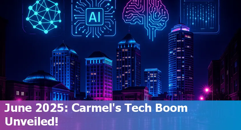 A panoramic view of Carmel, Indiana with modern tech buildings and a digital AI network overlay.