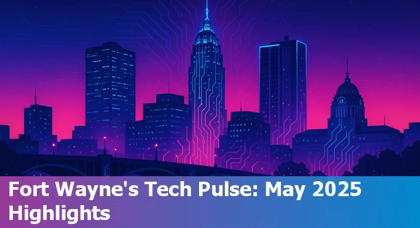 A panoramic view of downtown Fort Wayne with tech industry icons and digital connections overlay