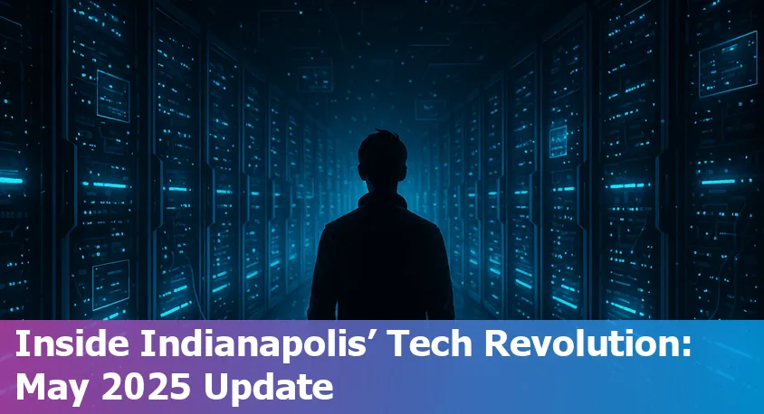 Downtown Indianapolis skyline with digital tech and AI graphics overlay, representing a month of innovation and community debate.