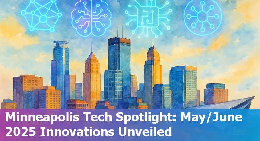 Minneapolis skyline with digital AI and technology icons overlay representing growth and innovation in the city.