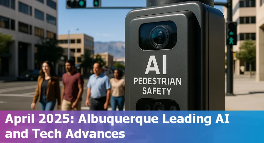 Albuquerque cityscape featuring AI technology elements like data centers, digital pedestrian crossings, and tech company logos in 2025.