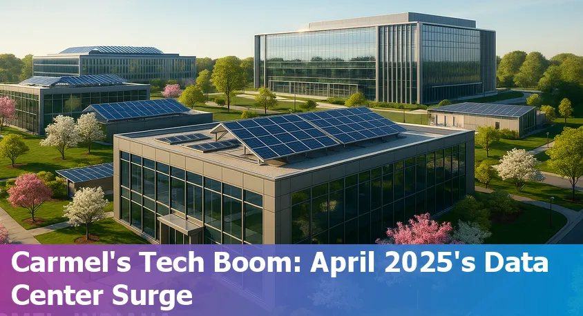 Aerial view of Carmel, Indiana technology park with modern buildings, lush greenery, and digital AI hubs.