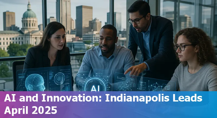 Skyline of Indianapolis with digital AI and data center icons overlay, symbolizing the city's growing tech sector.