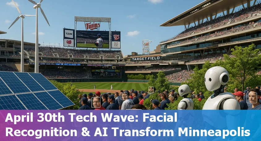 A panoramic view of downtown Minneapolis showcasing vibrant tech hubs, healthcare facilities, and sports venues with digital overlays representing AI innovation.