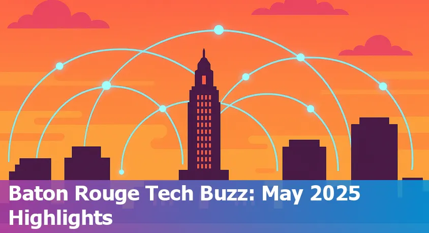 Downtown Baton Rouge skyline with digital tech and AI-themed overlay representing vibrant regional innovation.