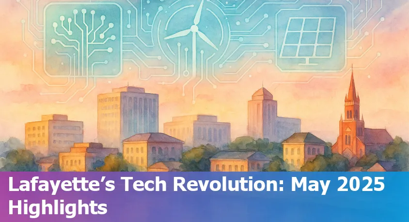 Downtown Lafayette skyline with digital tech and AI icons overlay, representing innovation across industries in Acadiana