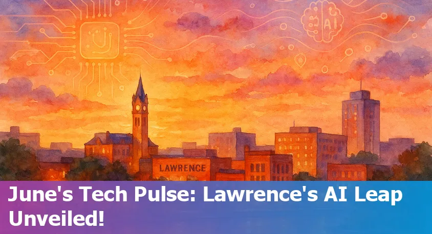 A panoramic view of Kansas City’s technology district, with data centers and digital networks shining under a sunset sky, symbolizing innovation in Lawrence, KS.
