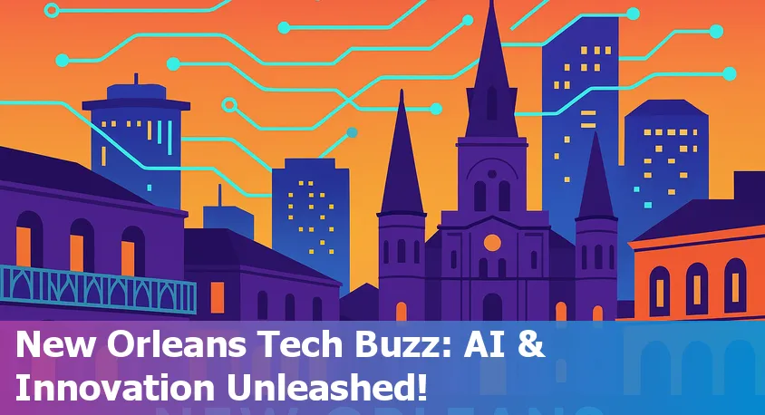 A panoramic view of downtown New Orleans featuring tech hubs, innovation centers, and digital overlays symbolizing AI and technology advancements.