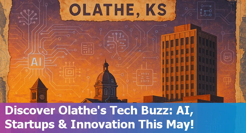 Downtown Olathe, Kansas skyline with digital network overlay symbolizing AI and technology advancements in May 2025.