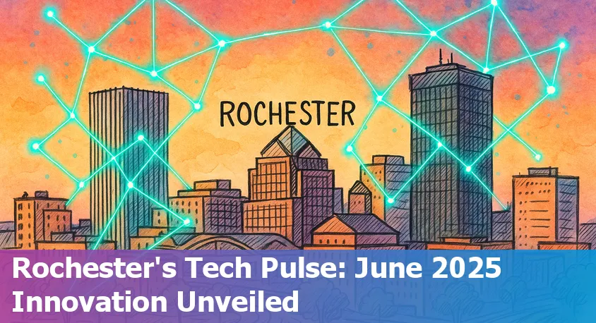 Rochester, NY city skyline with digital AI and tech icons overlay representing innovation and progress.