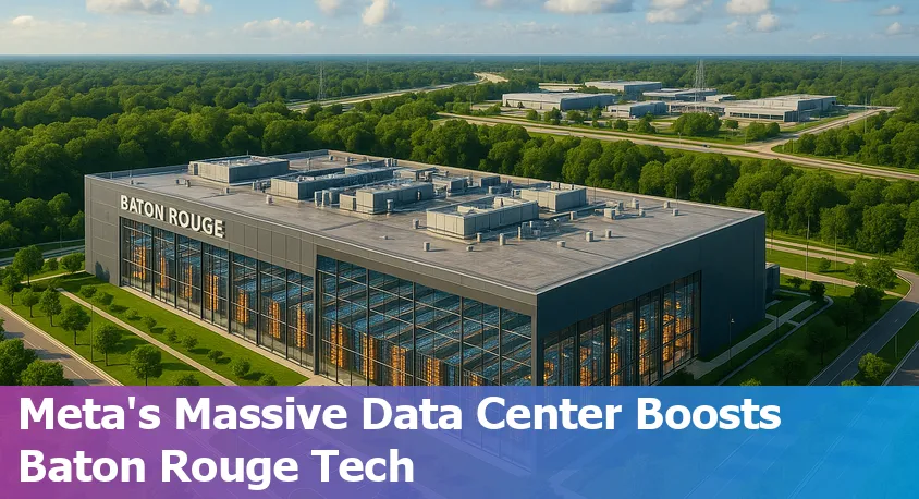 A vibrant Baton Rouge skyline with digital and AI-inspired graphics overlay, symbolizing technological innovation in Louisiana.