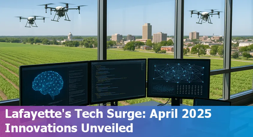 Lafayette, LA skyline with digital and AI technology icons overlay, highlighting local innovation.