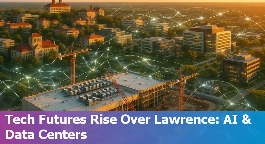Aerial view of Lawrence, KS with digital data streams and modern tech infrastructure overlay