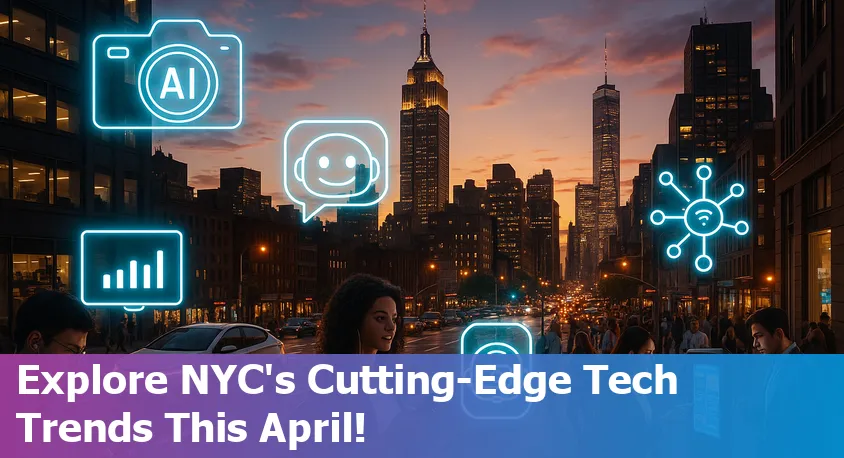 A panoramic view of New York City with digital graphics overlaying AI connections, skyscrapers, and smart city technologies.