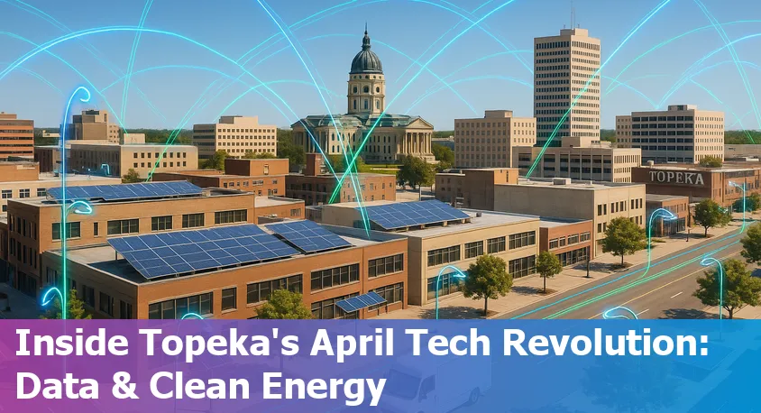 Topeka city skyline with digital network and technology icons overlay, representing tech and AI advancements in Kansas.