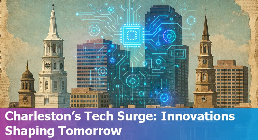 Charleston SC skyline with digital technology icons representing AI and tech innovation.